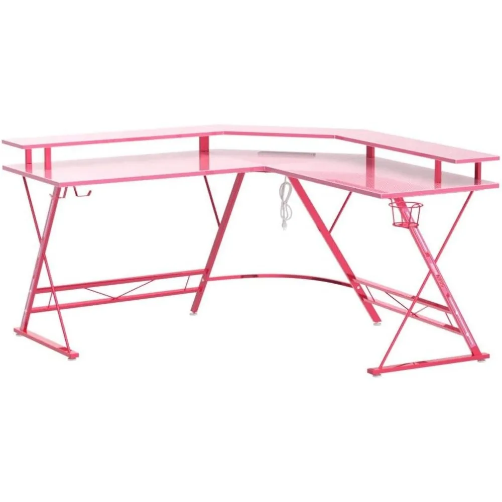 Gaming Desk 50.4” with LED Strip & Power Outlets, L-Shaped Computer Desk Carbon Fiber Surface with Monitor Stand