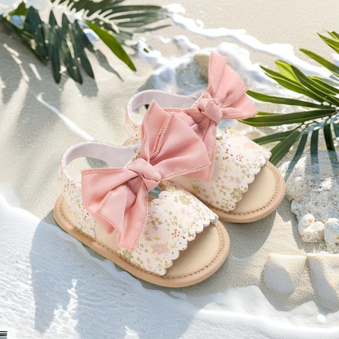 0-18 Months Female Baby Fashion Bow Sandals Summer New Korean Version Soft Bottom Western Style Velcro Beach Shoes