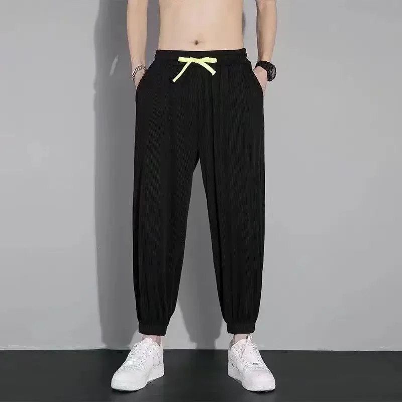 

Summer Fashion Men's Pants Elastic Waist Ankle Length Casual Pant Korean Style Regular Fit Solid Color Luxury Trousers