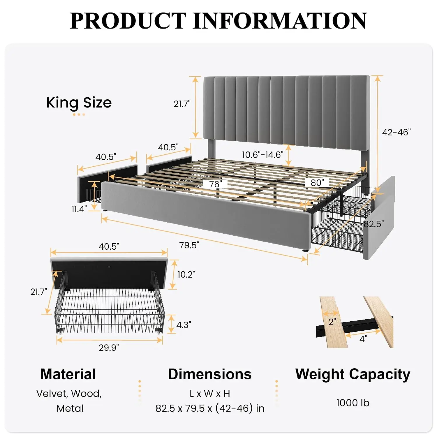 King-Size-Bettgestell mit 4 üb – King Size Bed Frame With Storage Drawers Bewertung und Preis
