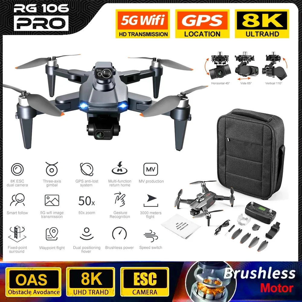 2024 RG106 PRO Drone Professionele 3-assige anti-shake Gimbal GPS 8K HD Camera 5G WIFI FPV Smart Return Borstelloos Grote UAV RC 3 KM