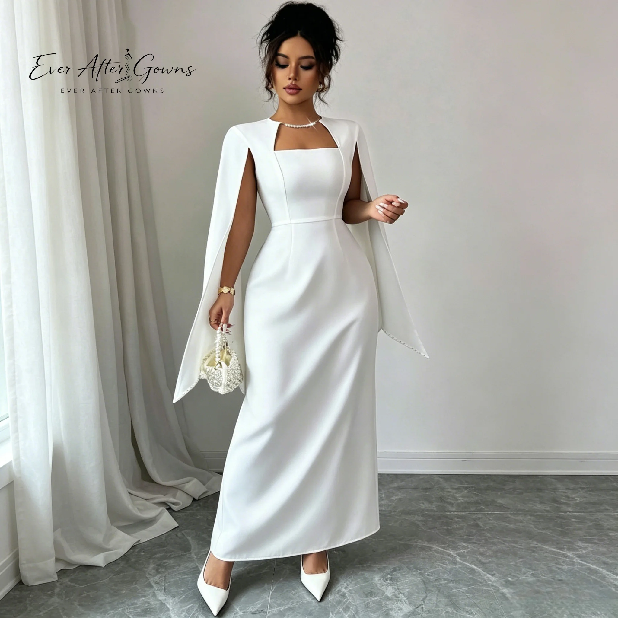 Ever After Gowns White Square Neck Cape Sleeve Bodycon Dress Split Flowy Sleeve Midi Wedding Guest Bridal Formal Evening Gown