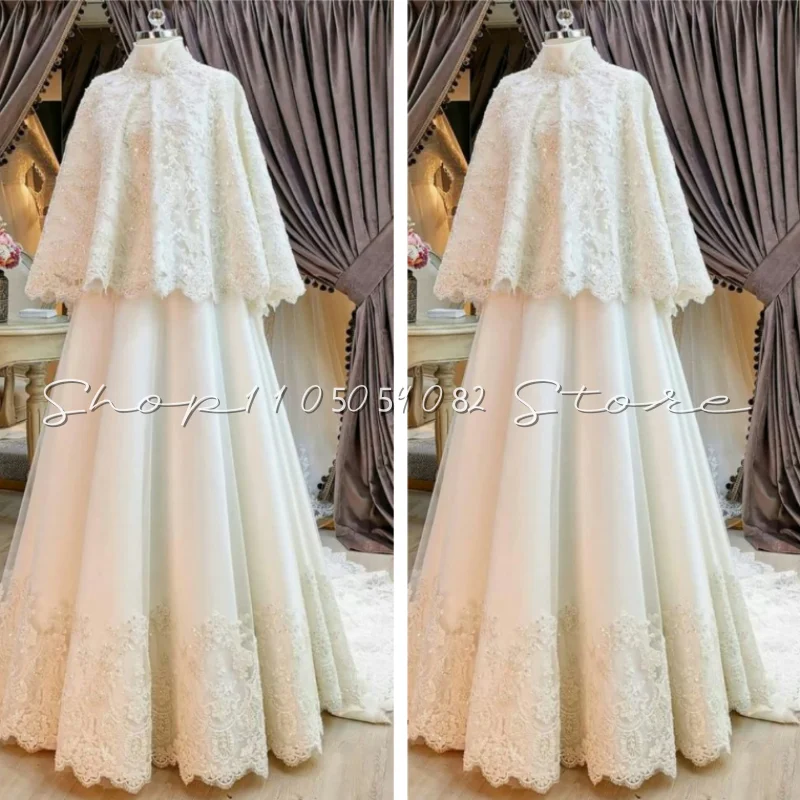 Unique Short Shawl Muslim Wedding Dresses White High Neck Lace Beaded Pleated A-line Saudi Arabia Bridal Gowns Customized