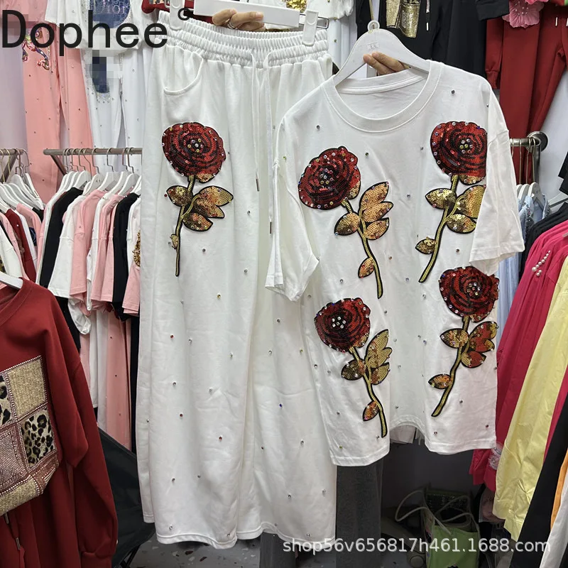 

Модный женский комплект из двух предметов, новая осенняя свободная футболка с короткими рукавами и бриллиантами, блестками и цветами + повседневные спортивные брюки с эластичной резинкой на талии