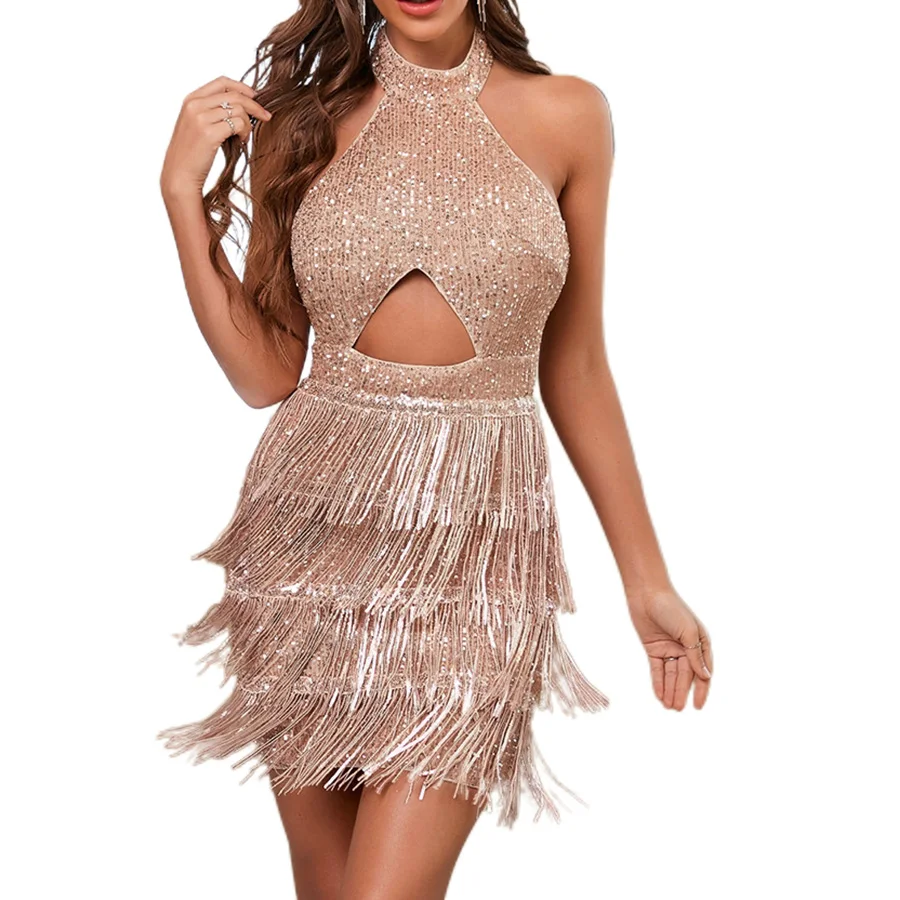 Sexy Backless Sequin Mini Summer Dress Women Elegant Halter Prom Evening Dancing LatDresses Bodycon Birthday Party Dress Vestido