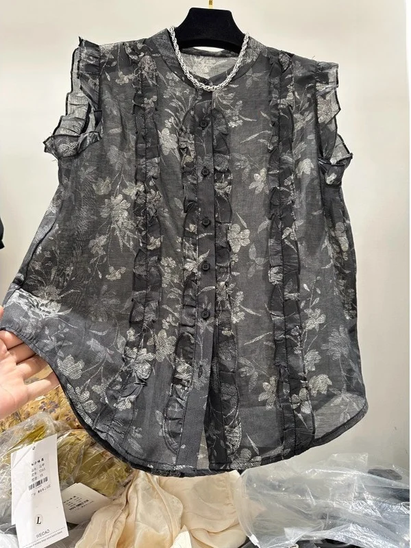 

Floral Print Sleeveless Casual Shirt Women Summer Thin Loose Style Button round Neck Printed Wooden Ear Trim Fly Sleeve Top