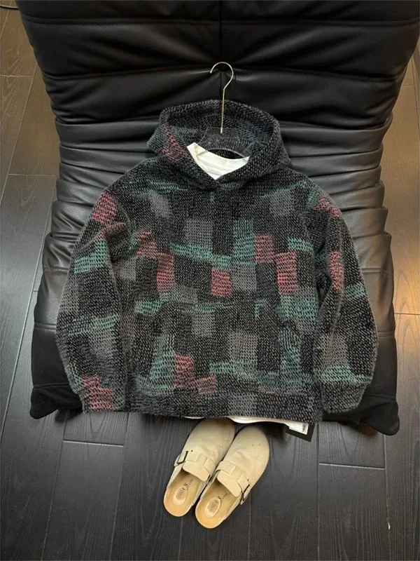 

Мужская вязаная толстовка в клетку на осень-зиму, утепленная, свободного кроя, из мягкого полиэстера, для повседневной носки, унисекс