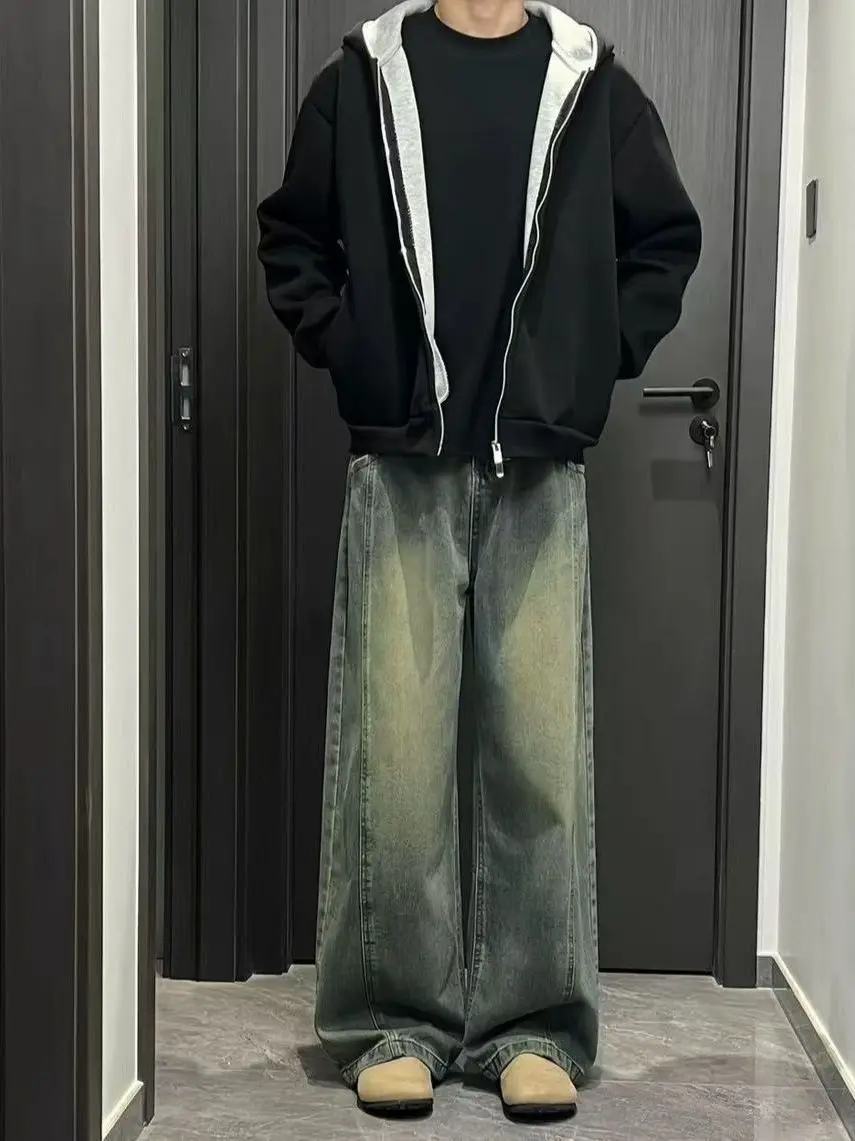 

New American High Street Faion Wide Leg Knife Jeans Men's Vintage Wa Loose Straight Floor-Length Pants Casual Cotton...