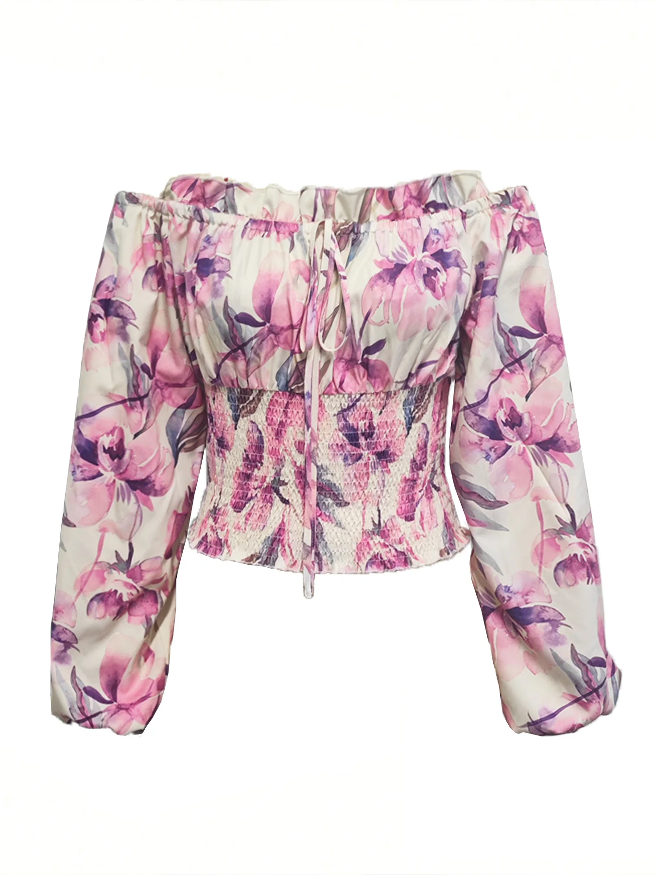 Women Clothes Floral Print Off Shoulder Puff Long Sleeve Smocked Blouse Ruffle Trim Drawstring Crop Top for Casual Vacation