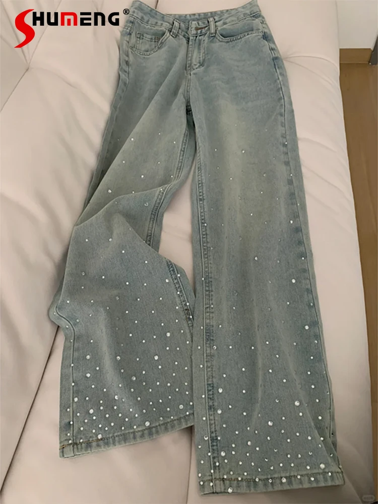 

Over Size Women's Hot Diamond Design Jeans Women's 2025 Spring Autumn New High-waist Denim Trousers Ladies Wide-leg Denim Pants
