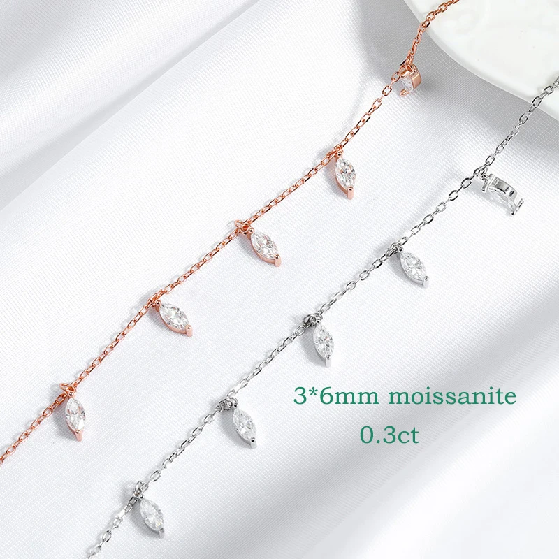 Kalung Moissanite Potongan Marquise 3*6mm Bersertifikat Smyoue, Liontin 9 Batu Permata, Hadiah untuk Wanita, Rantai Berlian Laboratorium, 100% Perak Murni 925 Asli