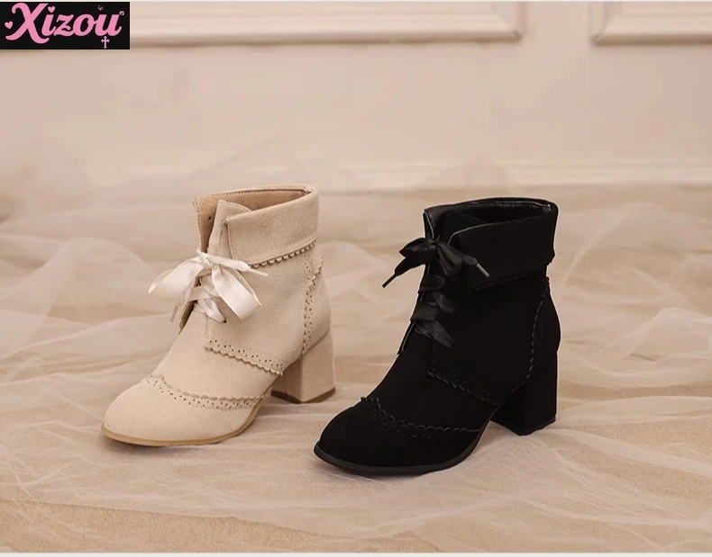 

Японские оригинальные красивые темпераментные туфли на высоком каблуке в стиле Лолиты в стиле ретро, простые элегантные милые туфли на коротком толстом каблуке, осень и зима