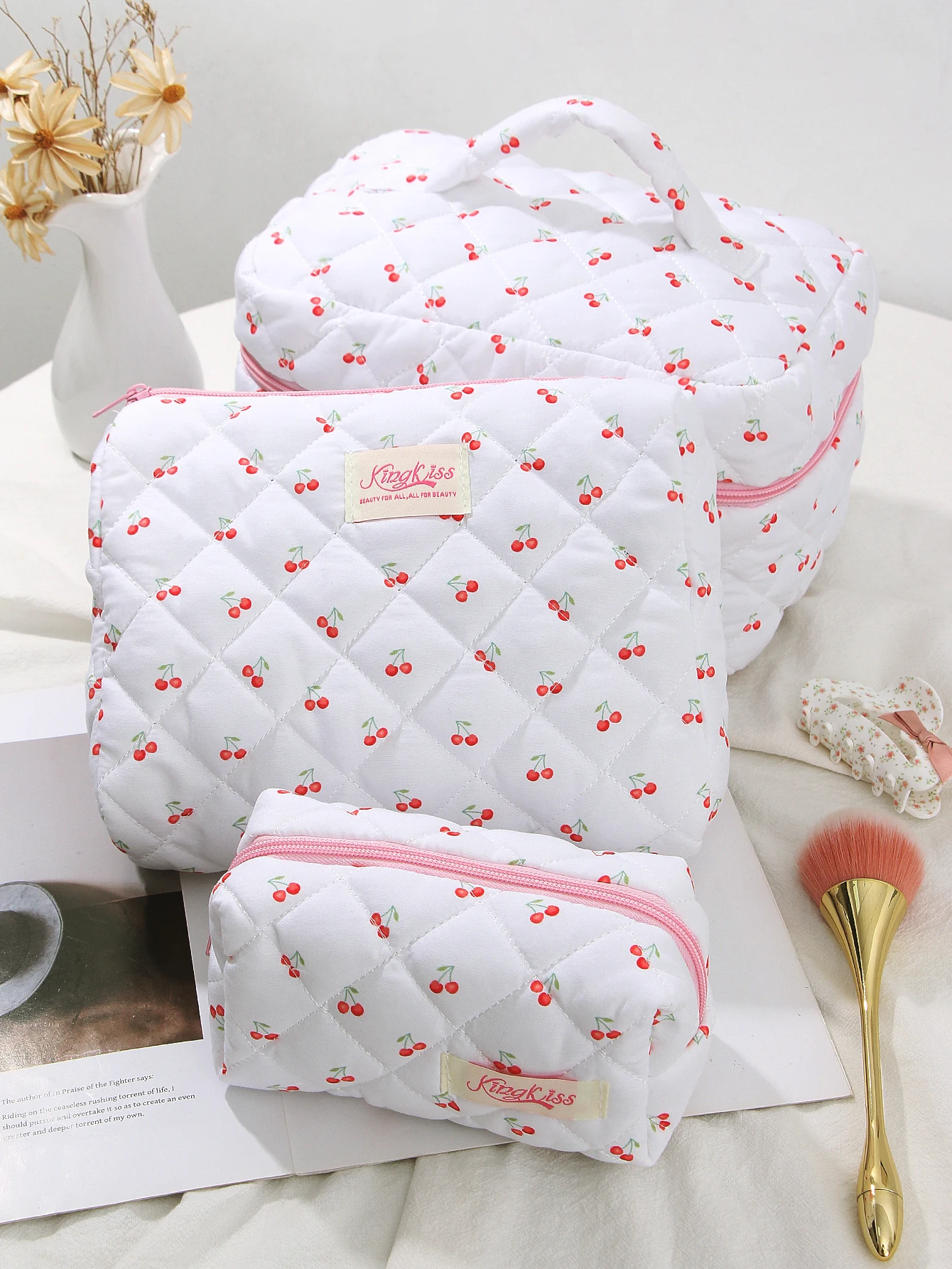 1pc/set White bottom cherry quilted makeup bag,cute aesthetic makeup storage bag, daily toiletries storage makeup bag
