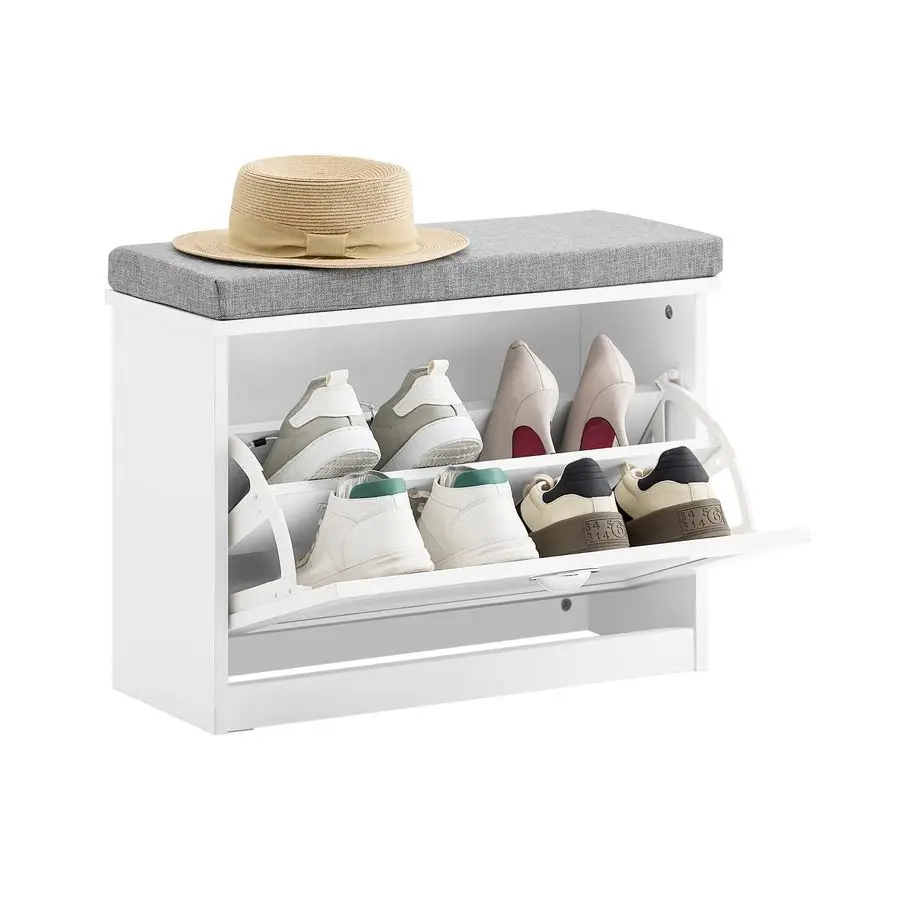 

Small Shoe Storage Bench with Cushion, White Narrow Shoe Rack for Entryway, Small Shoe Cabinet with 2 Tiers FlipDra Customizable
