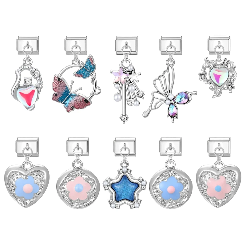 

Zircon Butterfly Heart Flower Star Pendant Italian Charm Link Fit 9mm Stainless Steel Bracelet Women DIY Making Jewelry Gift