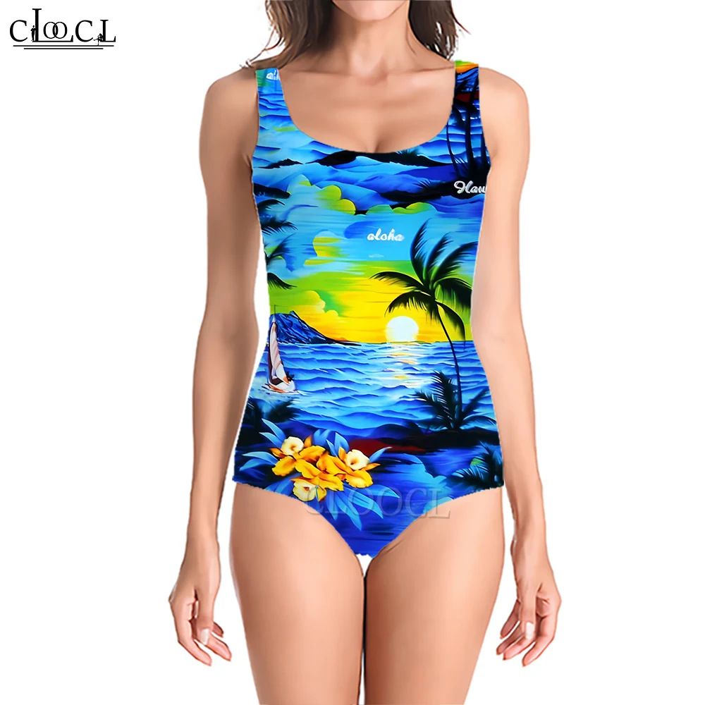 

CLOOCL Romantic One Piece Swimsuit Seaside Coconut Sunset 3D Printed Beachwear Women Swimwear Slim Soft Summer Clothing