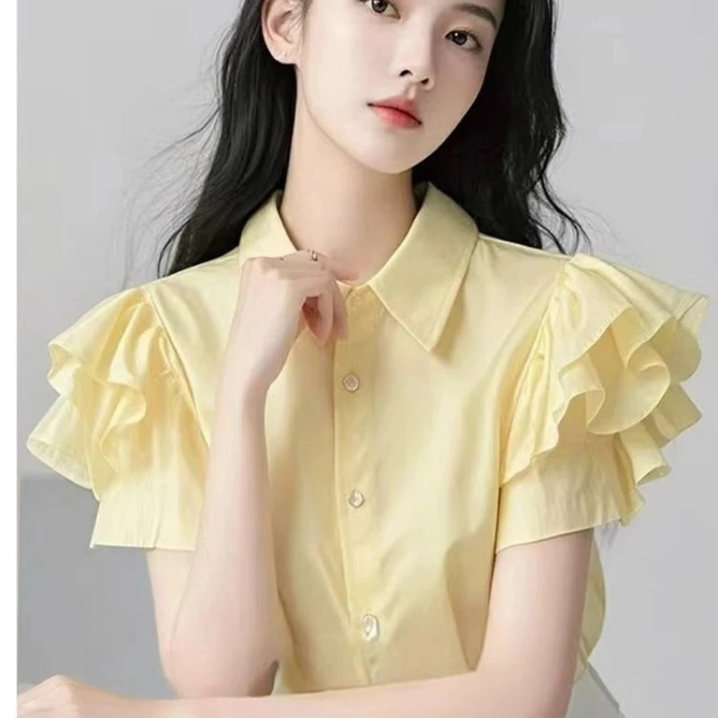 

Ruffles Solid All-match Youth Sweet Korean Blouse Summer New Short Sleeve Loose Fashion Shirt Tops Casual Elegant Women Clothing
