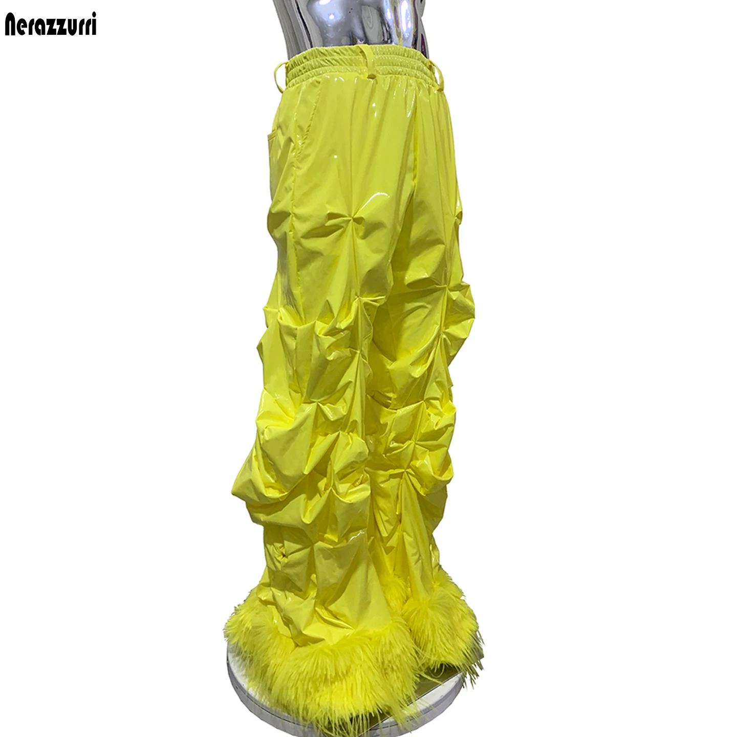 Autumn Long Shiny Yellow Fitted Soft Faux Fur Patchwork PVC Leather Stacked Pants Men Y2k Alternative Clothes 2000s Streetwear