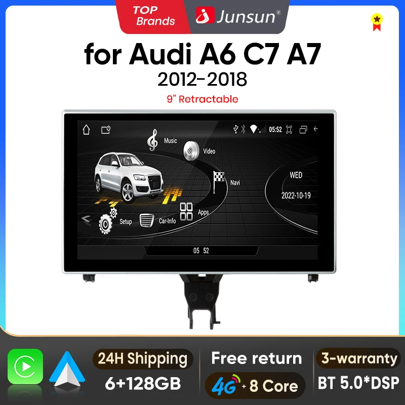 Junsun Faltbares Display Kabelloses CarPlay Android Auto Autoradio für Audi A6 C7 A7 2012-2018 Intelligentes System Stereo Bluetooth GPS-Navigation
