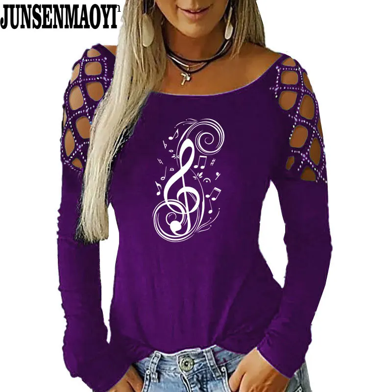 Musical Note Music Tide Casual Fashion Women O-Neck T Shirt Print T-Shirt Long Sleeves Funny T Shirts clothes Top Tees