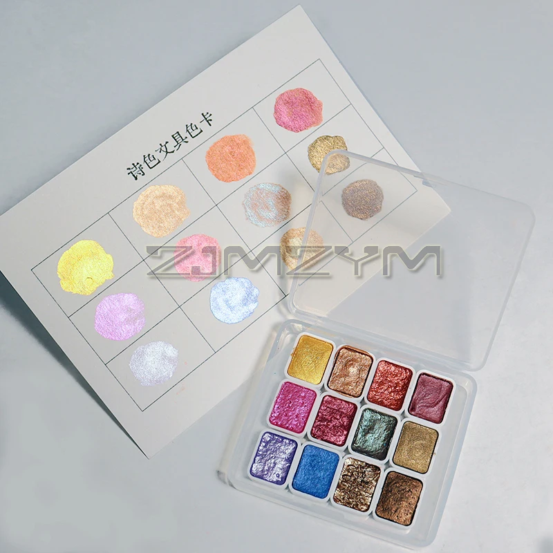 12 สี Pearlescent สีน้ํา 1ml Pigment คู่มือ Solid สีน้ําชุดสีทึบกล่องสําหรับเล็บตกแต่งภาพวาด