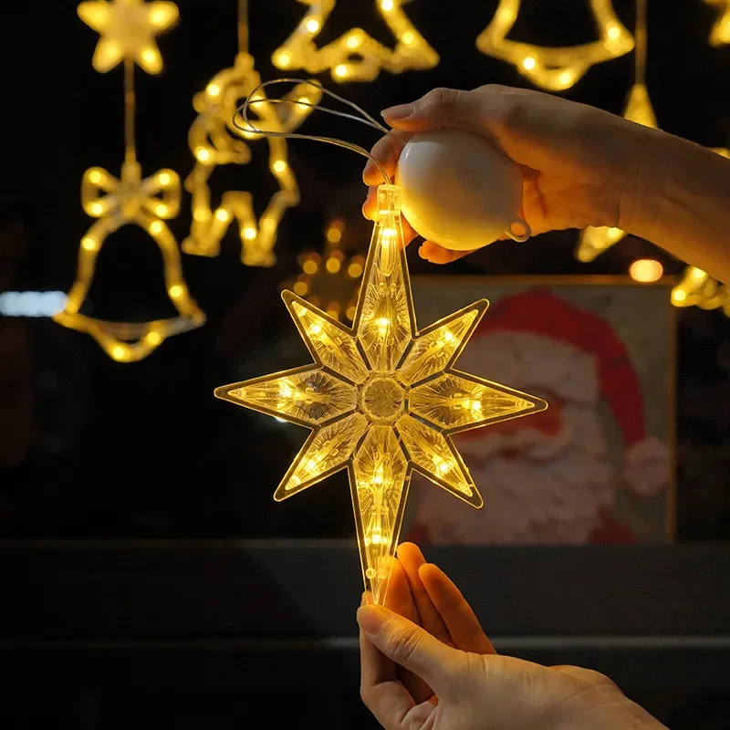 For LED Christmas Decoration Sucker Light Snowman Tree Pentagram Curtain Battery Operated Window Wall Mount Holiday Lighting