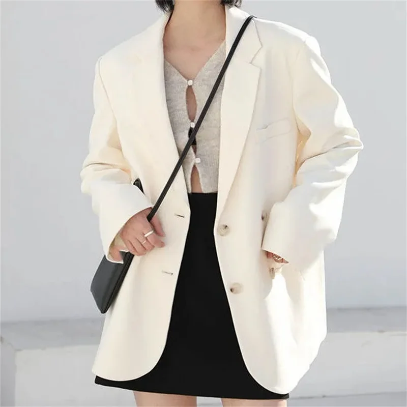 2024 Female Leisure White Blaze Jacket Korean Ladies Loose Suit Outwear Spring Autumn Women Fashion Double-breasted Tops Coat