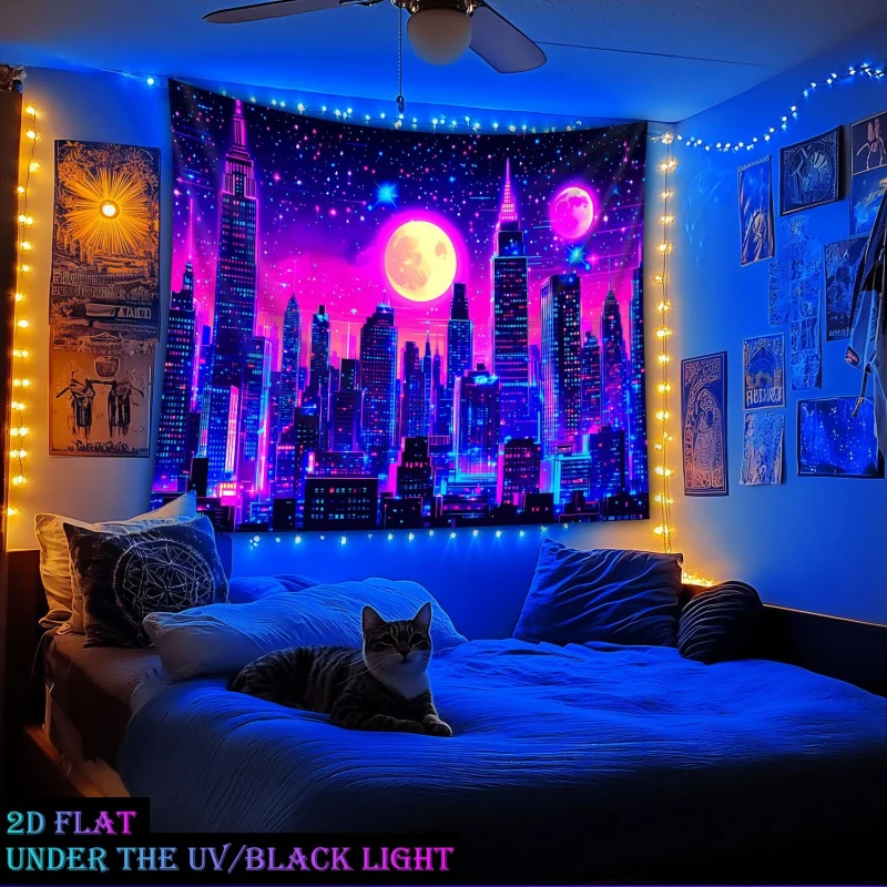 VIKAMA Cyberpunk Neon City Tapestry Vaporwave Purple Blue Gradient Starry Sky Wall Hanging for Gaming Room, Bedroom & Dorm Decor