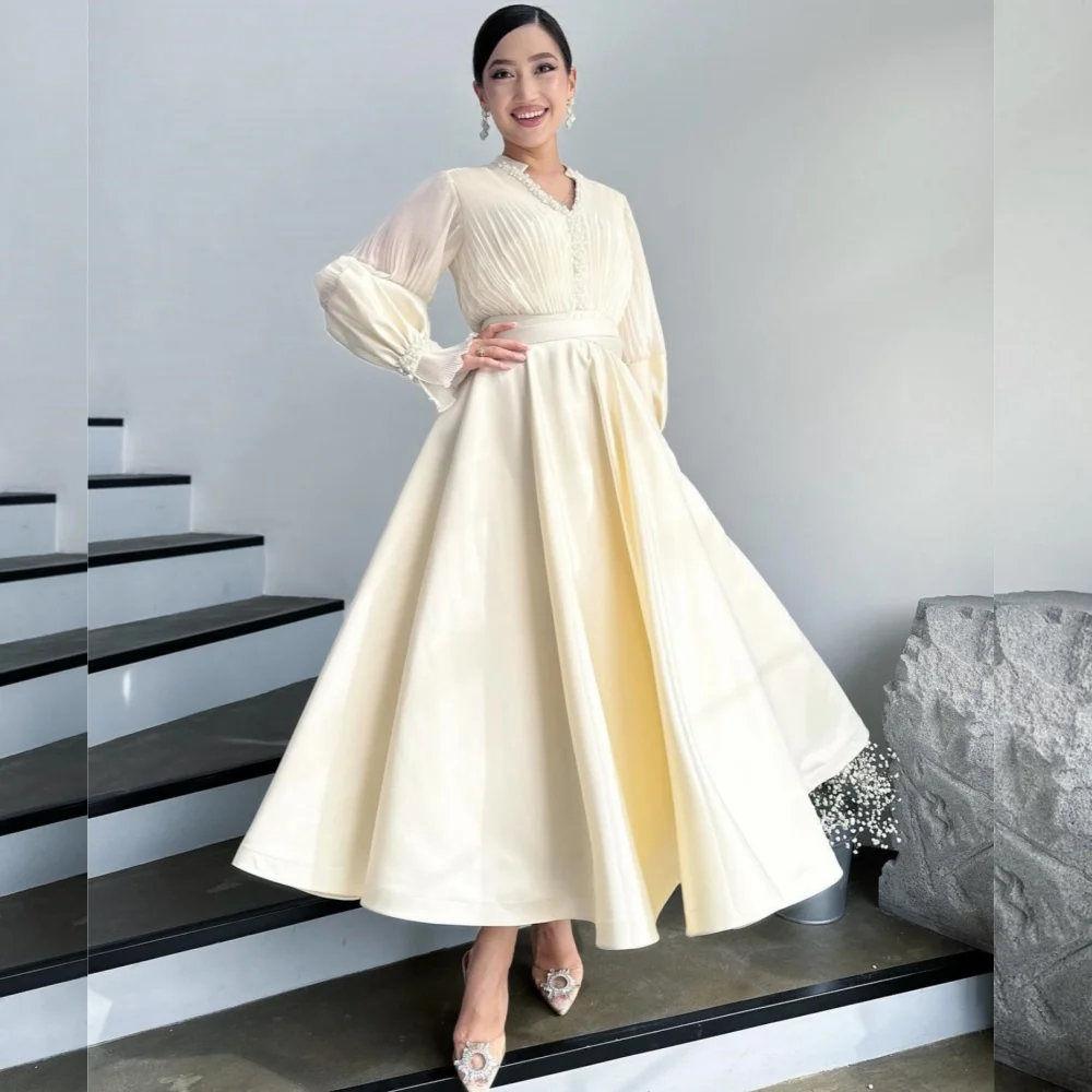 

Customized Exquisite Casual Jersey Pearl Sash A-line V-neck Midi Dresses Bespoke Occasion Fashion Simple