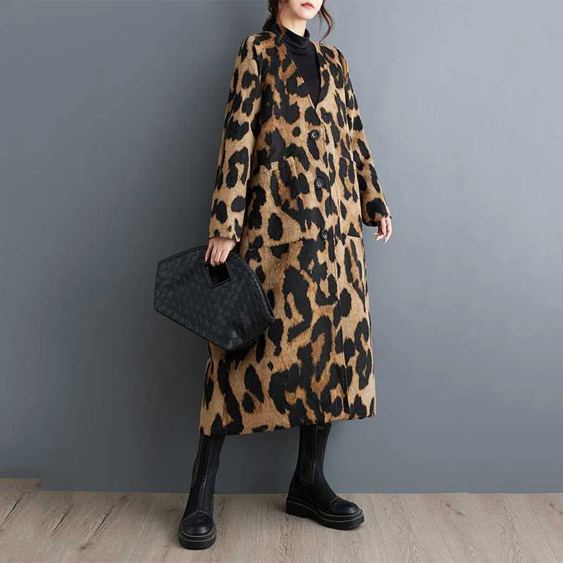 Beautyblue New in Coats&jackets Leopard Elegant Coat Woman Long Sleeves Pockets Split-Joint V-Neck Outerwear Female Trench Coats