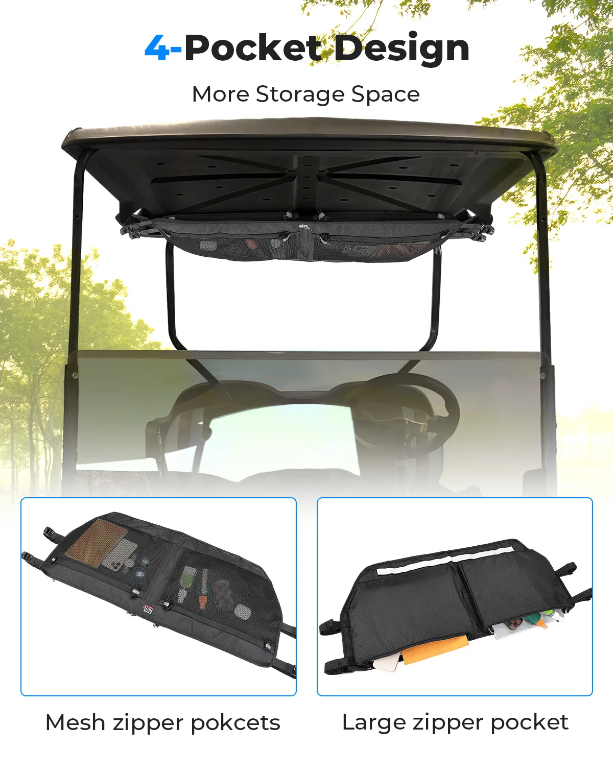 Golf Cart Overhead Storage Bag For EZGO TXT 1993-2013 2 Passenger 1680D Water-resistant Organizer No Drilling Required Black