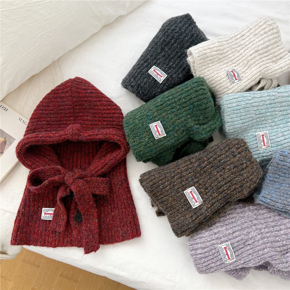 

Зимний вязаный шарф-воротник с капюшоном для мужчин и женщин, стильная шерстяная шапка с защитой ушей