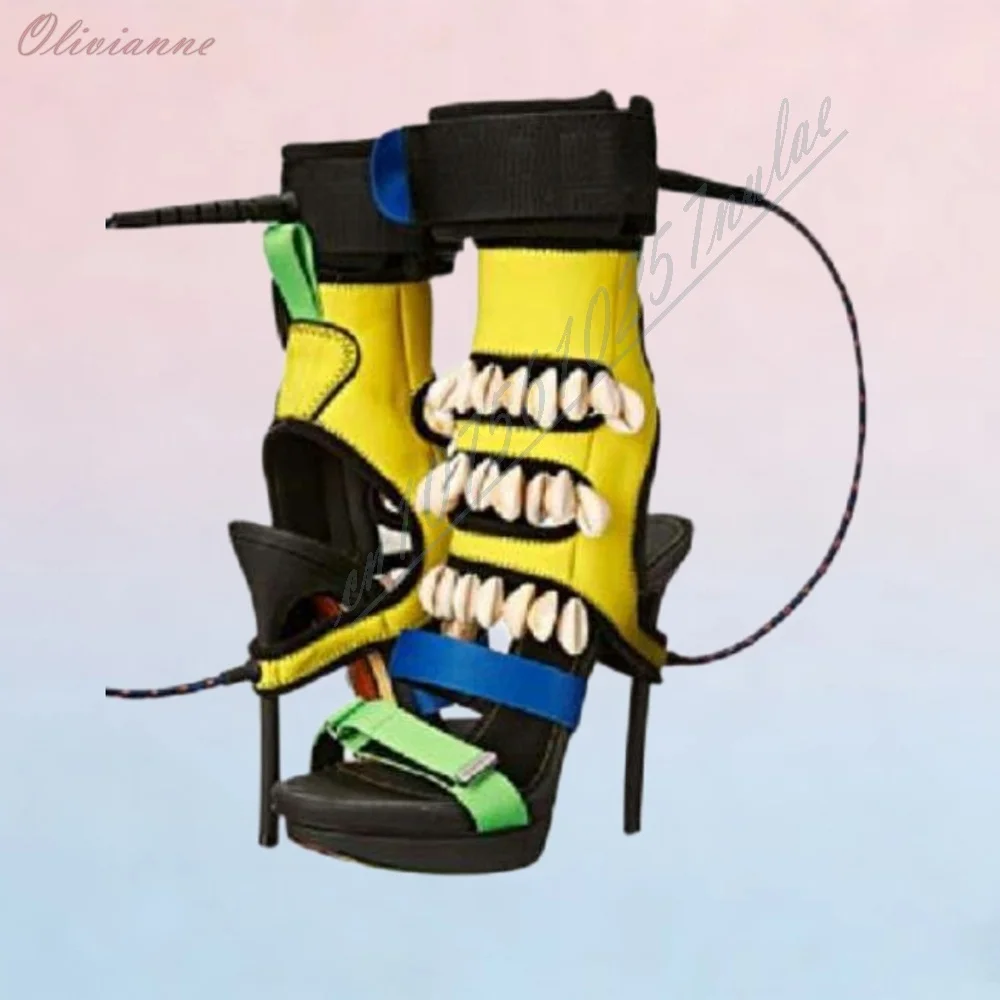 Streetwear Contrast Color High Cuff Heeled Sandals Ladies Open Toe Multi Strap Shell Decor Runway Platform Stiletto High Heels