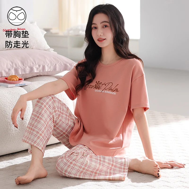 High Quality Summer Women Pajamas Set Female 100% Cotton Short Sleeve Long Pants Homewear With Chest Pad