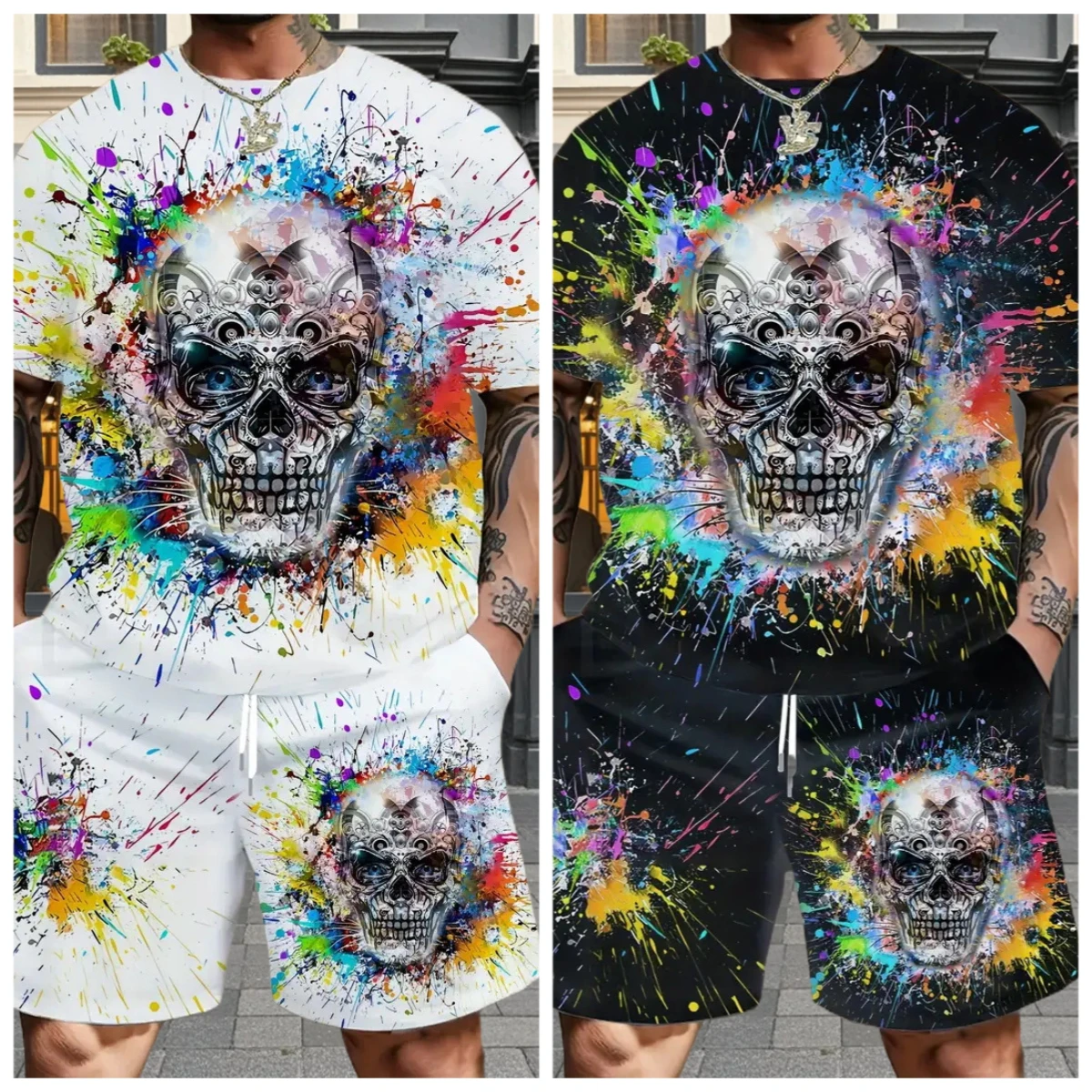 

2025/26 New Latest T-shirt Set 3D Printed Skull Vacation Style Various Elements Fashion Trend Street Men's Set Summer Top Shorts