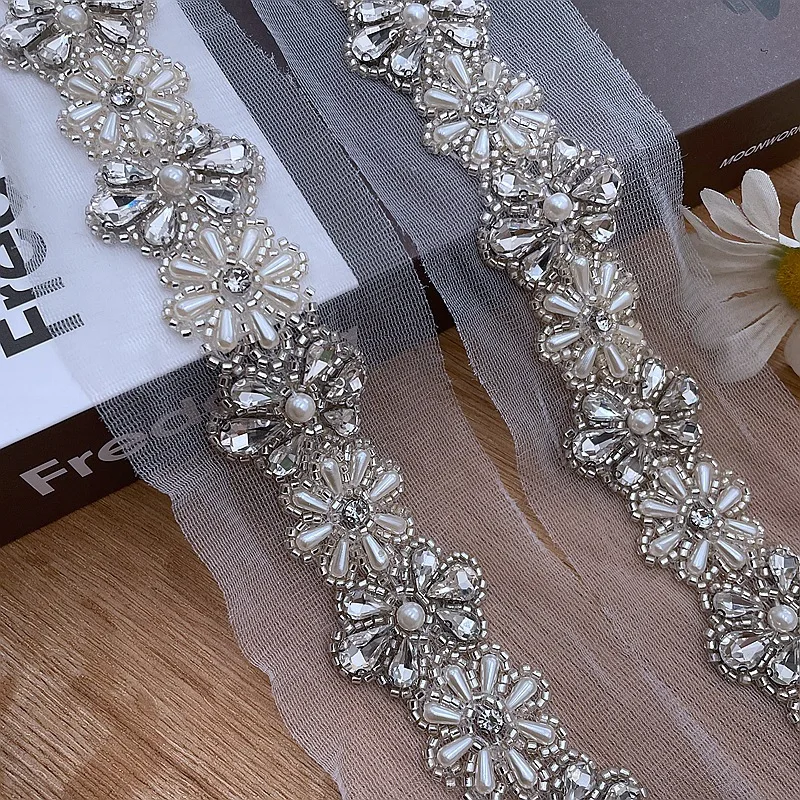 50CM(0.5M) Beaded Trim Silver Pearl Lace Meter with Rhinestone for Wedding Dress Hijab Making