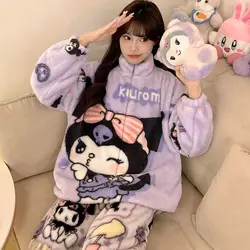 Cartoon Kuromi Coral Velvet Sleepwear Women's Winter New Plush Thickened Pajamas Cute Princess Style Home Clothes Two Piece Set