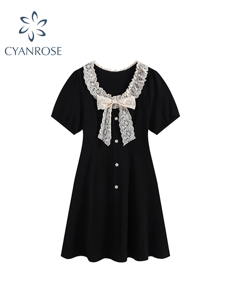 Women Lace Patchwork Short Sleeve Black Gothic A-line Mini Dress Korean Harajuku Vintage Dress Y2k One Piece Frocks 2023 Summer