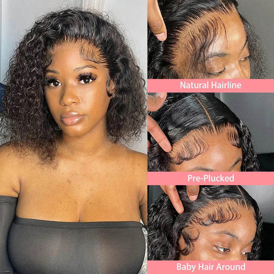 13x4 Curly Short Bob Wig 4x4 Lace Frontal Human Hair Wigs Brazilian 100% Human Hair Loose Deep Water Wave Lace Wig 200% Density