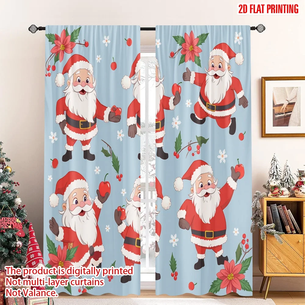 

2pcs 2D flat printing Christmas Scene Curtain Santa Claus Poinsettia Holly Polyester Without Electricity Birthday Party Use for