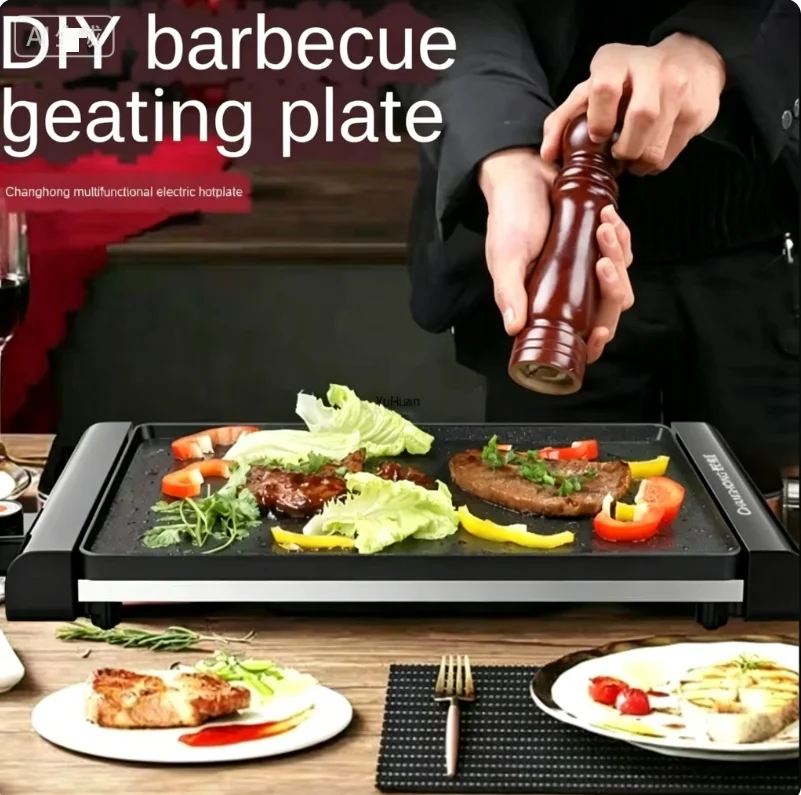 220V Large Electric Grill, Household Smokeless BBQ Grill Pan, Non-stick Griddle for Fish/Meat, Multifunctional Electric Griddle
