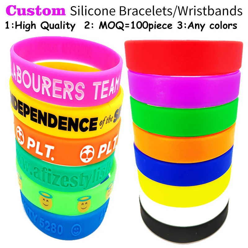 

100pieces Custom Silicone Wristbands Debossed Filled Silicone Barcelets Personalized Printed Sports Rubber Customized Bangles