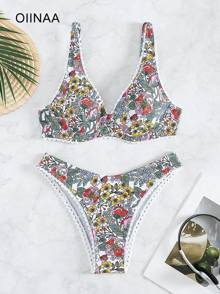 

OIINAA Printed Sexy Bikini Set Women Swimsuit Floral Lace Up Two-Piece chic Fashion Female Swimwear Bathing Holiday Beachwear