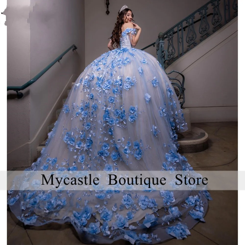 

Sky Blue Quinceanera Dresses Ball Gown Floral Applique Crystal Pearls Sweet 16 Dresses Lace-Up Birthday Party Gowns