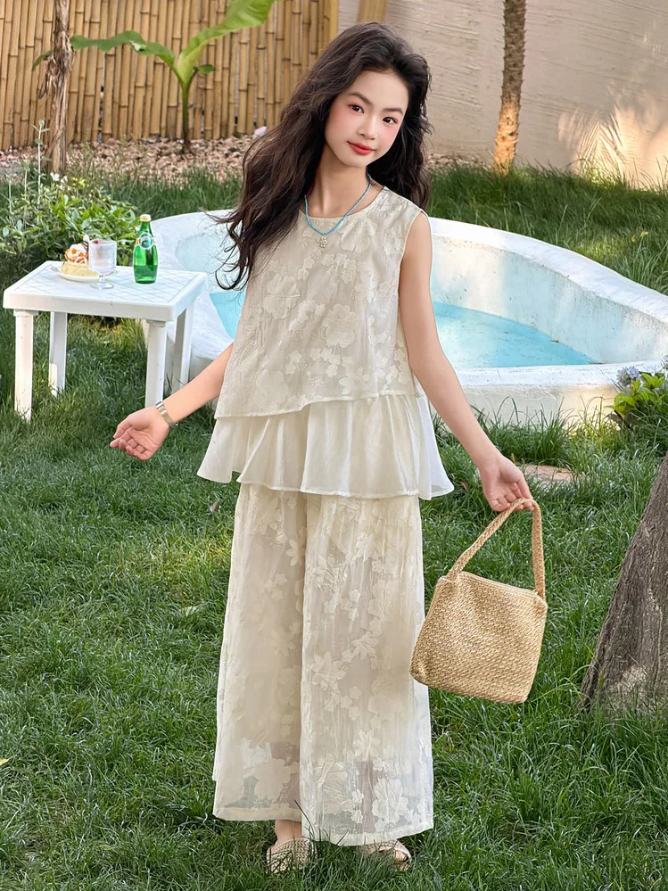 2026 New Teenage Lace  Clothing Suits,  Baby Girls Fashion 2 Piece Sets,  Blouse + Pants    5 -12 T
