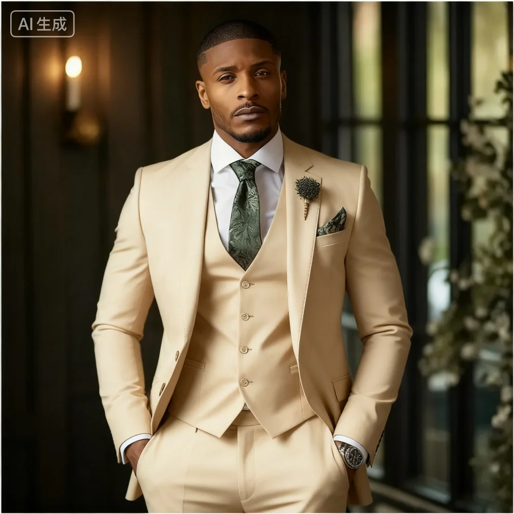 

3-Piece Men's Formal Tuxedo Elegant Jacket with Notched Lapel + Vest + Pants Wedding Groomsmen Smoking Suit