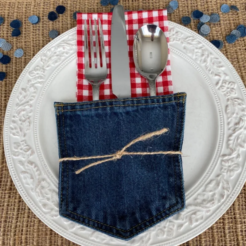 12-48PCS Denim Jean Pocket Silverware Holders Jean Pocket Flatware Holder Customized Denim Napkin Holder Birthday Party Dinner