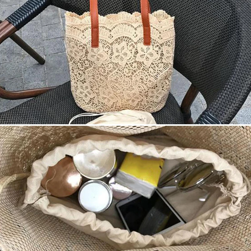 1X Boho Woven Summer Bag Handbags Tote Lace Shoulder Bag Hand Crochet Flower Bag Holidays Ladies Shopping Large Capacity