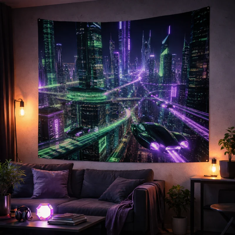 VIKAMA Neon Fantasy Warrior Tapestry, For Hanging On The Bedroom Wall Of a Cyberpunk Angel, For Dark Gothic Home Decoration