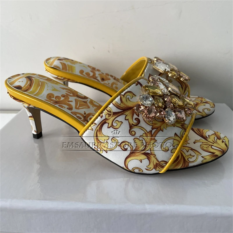 Exotic Style Print Satin Summer Mules For Girls 6cm Kitten Heel Slingbacks Crystal Diamond Rhinestone Decor Sandals Women